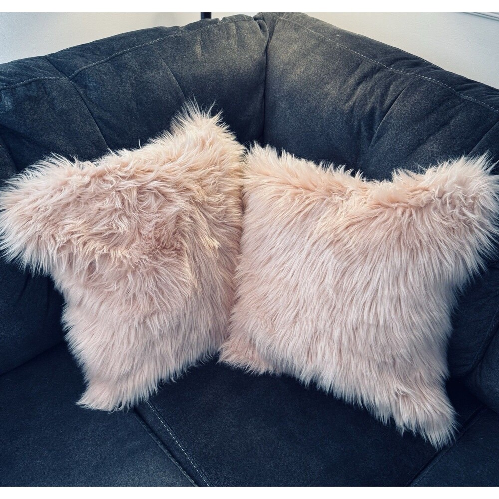 Blush Pink Faux Fur Pillow Covers Set of 2 19x19 Square Zip Closure Shaggy